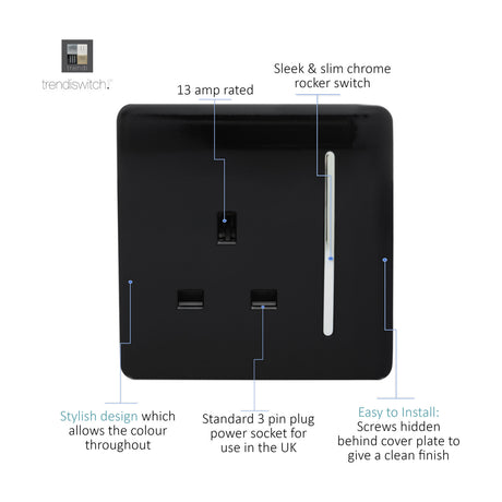 1 Gang Single 13A Socket in gloss piano black with a sleek chrome rocker switch, screwless square plate, on a white background with labelled callouts.