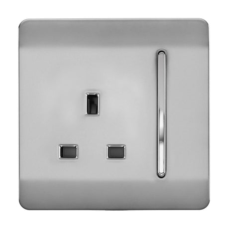1 Gang Single 13A Socket in brushed steel with a screwless flat plate, chrome pin inserts, and a vertical rocker switch, shown on a plain white background.