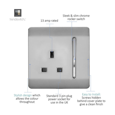 Brushed steel screwless 1 gang 13A switched socket with chrome insert and slim rocker switch, shown on a white background with labelled features.