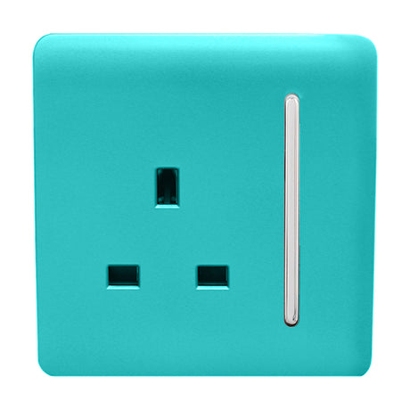 1 Gang Single 13A Socket in bright teal with a screwless square plate, chrome rocker switch and chrome insert, shown on a plain white background.