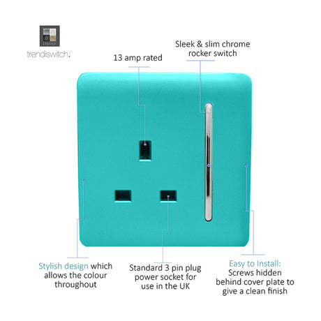 1 gang single 13A socket in bright teal with a screwless square plate, chrome rocker switch and standard UK 3-pin outlet, shown with labelled features on a white background.