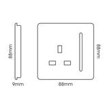 Front and side view line diagrams of a 1 Gang Single 13A Socket in Carbon Fibre, showing a screwless square plate with rocker switch and 88mm x 88mm x 9mm dimensions on a white background.