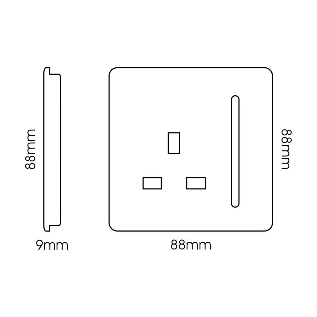 Front and side view line diagrams of a 1 Gang Single 13A Socket in Carbon Fibre, showing a screwless square plate with rocker switch and 88mm x 88mm x 9mm dimensions on a white background.