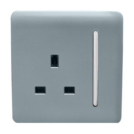 1 Gang Single 13A Socket in cool grey with a screwless square plate, chrome rocker switch, and single UK pin aperture, shown on a plain white background.