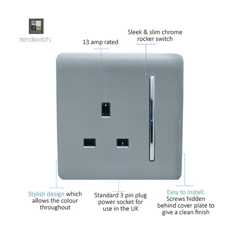 1 Gang Single 13A Socket in cool grey with a screwless square plate, chrome rocker switch, and 3-pin outlet, shown with labelled features on a white background.