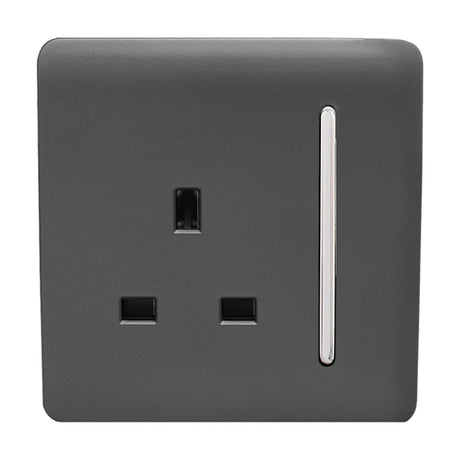 1 Gang Single 13A Socket in charcoal with a screwless square plate, chrome switch rocker, and black pin sockets, shown on a plain white background.