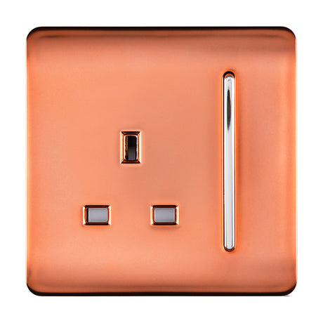 1 Gang Single 13A Socket in copper with a screwless square plate, chrome switch rocker and insert, shown on a plain white background.