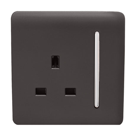 1 Gang Single 13A Socket in dark brown with screwless square plate and chrome switch insert, shown on a plain white background.