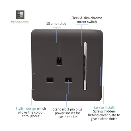 1 Gang Single 13A Socket in dark brown with a slim chrome rocker switch, screwless square plate, labelled with feature callouts on a white background.