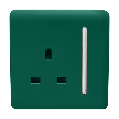 1 Gang Single 13A Socket in dark green with a screwless plate, chrome rocker switch, and UK three-pin apertures, shown on a plain white background.