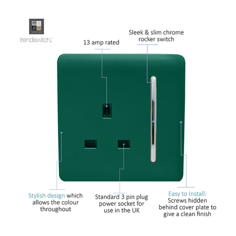 1 Gang Single 13A Socket in dark green with a screwless plate and central chrome rocker switch, shown with labelled features on a white background.