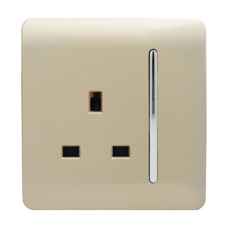 1 Gang Single 13A Socket in champagne gold with a screwless flat plate and long chrome rocker switch, shown on a plain white background.