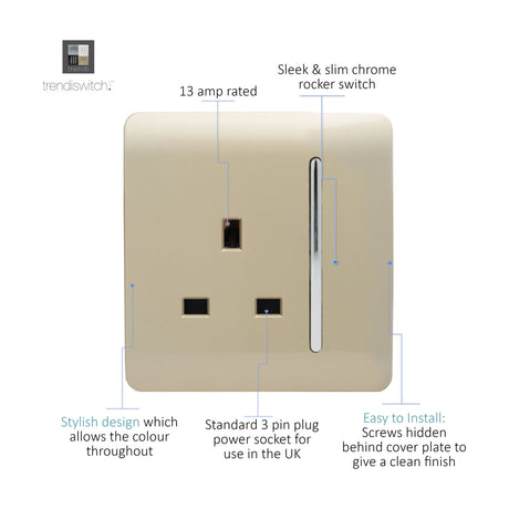 1 Gang Single 13A Socket in champagne gold with screwless plate and sleek chrome rocker switch, shown with labelled features on a white background.