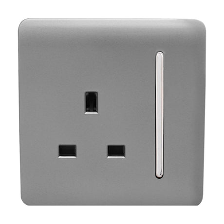 1 Gang Single 13A Socket in light grey with screwless square plate, single UK outlet, and chrome rocker switch, shown on a plain white background.