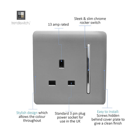1 Gang Single 13A Socket in light grey with a screwless square plate, chrome slim rocker switch, and standard 3-pin outlet, shown with labelled features on a white background.