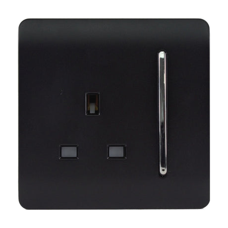 1 Gang Single 13A Socket in matt black with a screwless square plate and vertical chrome rocker switch, shown on a plain white background.