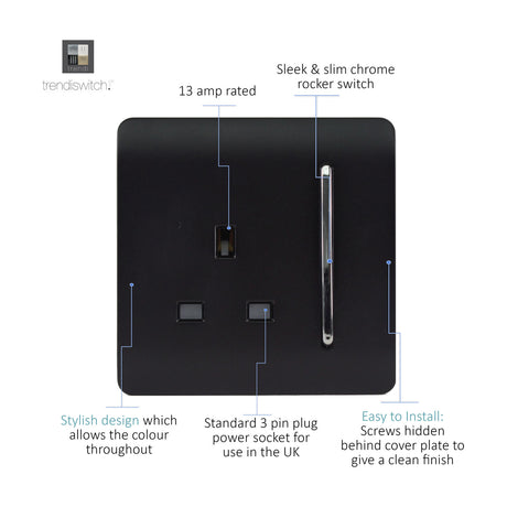 1 Gang Single 13A Socket in matt black with a slim chrome rocker switch, screwless flat plate design, shown on a white background with feature callouts.