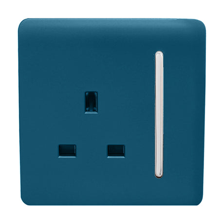 1 Gang Single 13A Socket in Midnight Blue with a flat screwless plate, chrome rocker switch and UK three-pin outlet, shown on a plain white background.