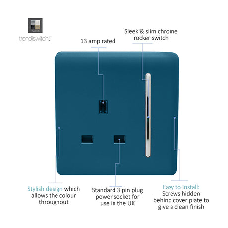 1 Gang Single 13A Socket in midnight blue with a flat screwless plate, chrome insert, slim chrome rocker switch, and 3-pin UK socket outlet.
