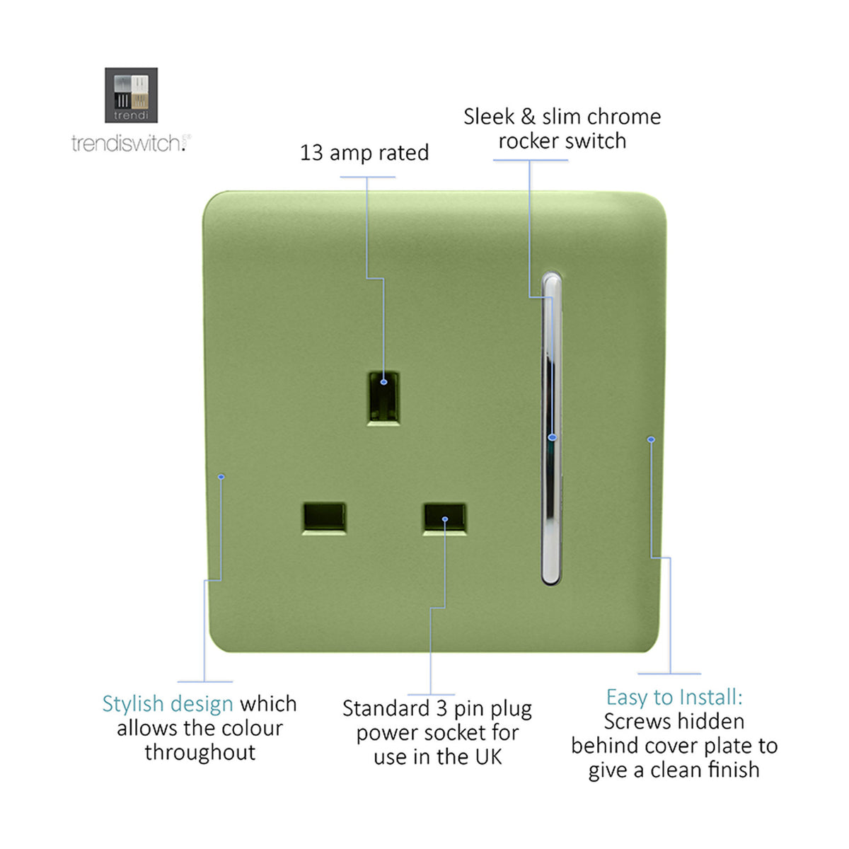 1 Gang Single 13A Socket - Moss Green