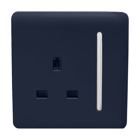 1 Gang Single 13A Socket in navy blue with chrome rocker switch and screwless flat plate, shown on a plain white background.