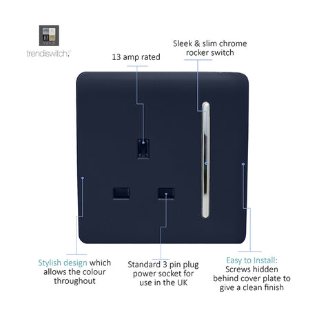 1 Gang Single 13A Socket in Navy Blue with chrome rocker switch and screwless flat plate, on a plain white background with feature callouts.