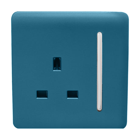 1 Gang Single 13A Socket in Ocean Blue with a screwless square plate, chrome switch and socket insert, shown on a plain white background.