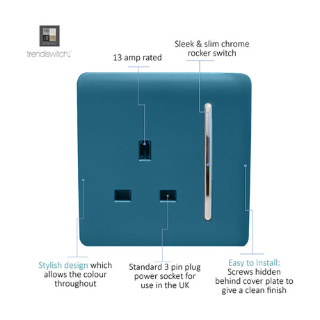 1 gang single 13A socket in ocean blue with screwless flat plate, chrome rocker switch and chrome socket insert, labelled with feature callouts on white background.