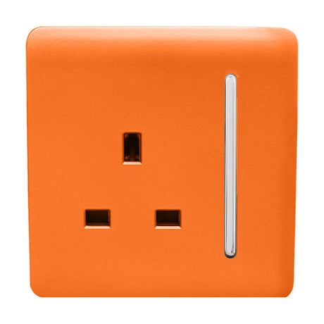 1 Gang Single 13A Socket in orange with screwless flat plate and chrome switch rocker, shown on a plain white background.