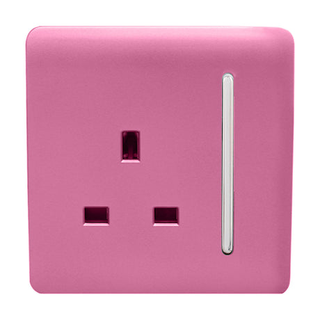 1 Gang Single 13A Socket in pink with a screwless square plate, chrome insert, and chrome rocker switch, shown on a plain white background.