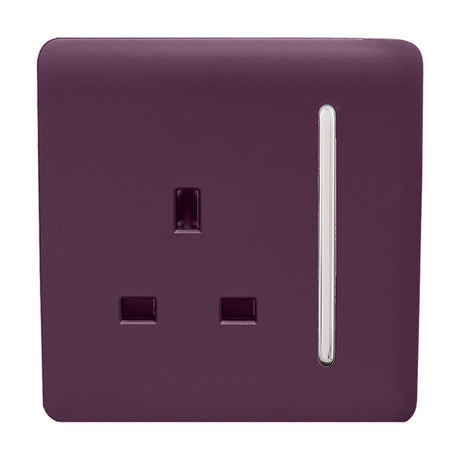 1 Gang Single 13A Socket in Plum with screwless plate, chrome rocker switch and detailing, square design on a plain white background.