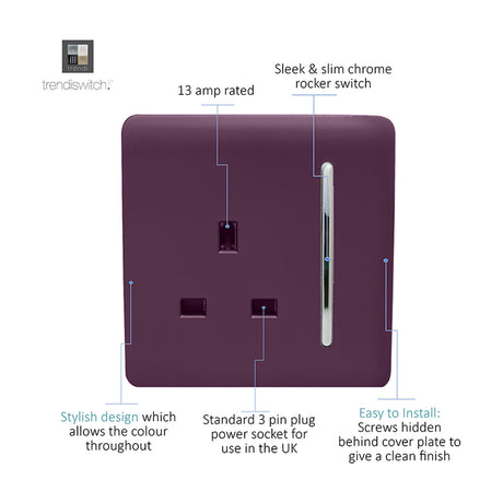 1 Gang Single 13A Socket in Plum with chrome rocker switch and screwless plate, showing UK 3-pin outlet on a plain white background with feature callouts.