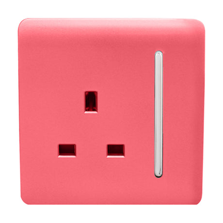 1 Gang Single 13A Socket in Strawberry, screwless square plate with chrome insert and rocker switch, shown on a plain white background.