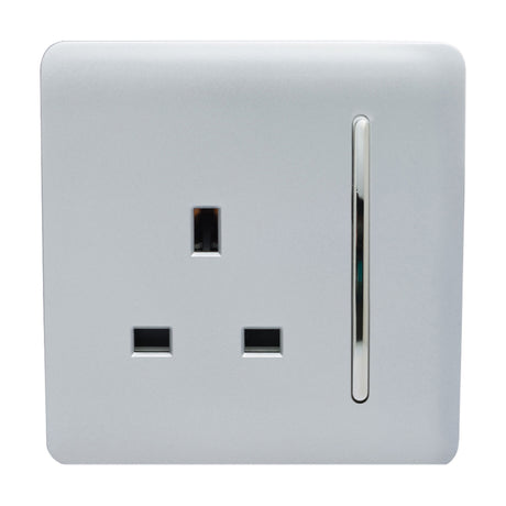 1 Gang Single 13A Socket in platinum silver, screwless square plate with chrome switch rocker and pin apertures, shown on a plain white background.