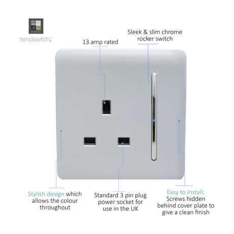 1 Gang Single 13A Socket in platinum silver with chrome rocker switch on a screwless square plate, shown with labelled features on a white background.