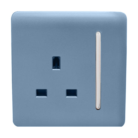1 Gang Single 13A Socket in sky blue with a screwless square plate, chrome socket outlet and vertical rocker switch, shown on a plain white background.