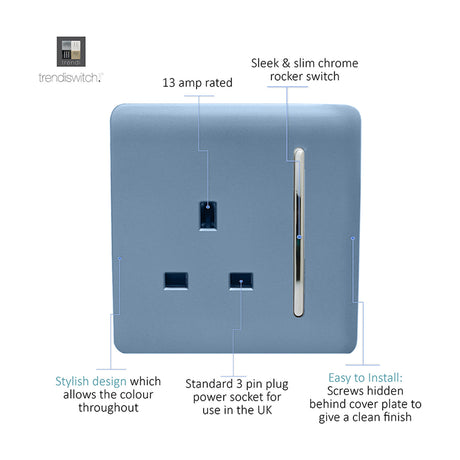 1 Gang Single 13A Socket in sky blue with screwless plate and chrome rocker switch, annotated diagram showing UK 3-pin socket and hidden fixing screws.