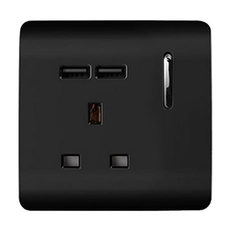 1 Gang Single 13A USB-A Socket in piano black with screwless plate, chrome-ringed rocker switch, neon indicator, and two USB-A ports, shown on a plain white background.