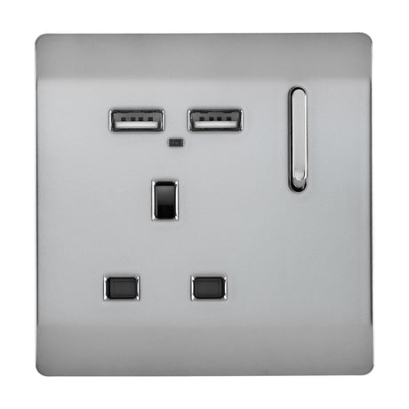 1 Gang Single 13A USB-A Socket in brushed steel with screwless plate, chrome insert, two USB-A ports, rocker switch, and neon indicator, on a white background.