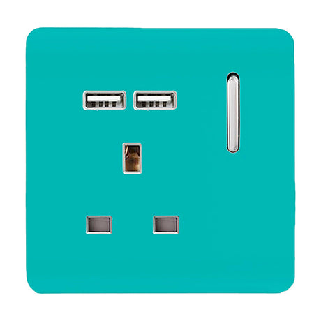 1 gang single 13A USB-A socket in bright teal with screwless plate, chrome inserts, rocker switch, two USB-A ports and pin apertures, shown on a plain white background.