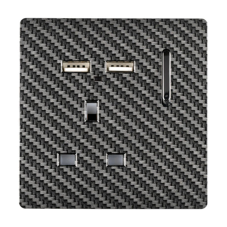 1 Gang Single 13A 10W USB-A Socket in Carbon Fibre finish, screwless plate with chrome rocker switch, two USB-A ports and neon indicator, shown on a plain background.