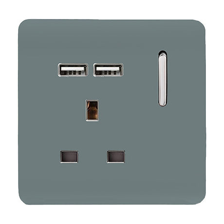 1 gang 13A switched socket in cool grey with screwless plate, chrome rocker switch, and two USB-A charging ports, shown on a plain white background.