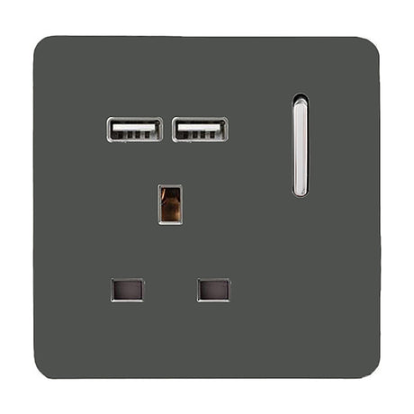 1 Gang Single 13A USB-A Socket in charcoal with screwless square plate, chrome switch, single UK power outlet, and two USB-A ports, shown on a white background.