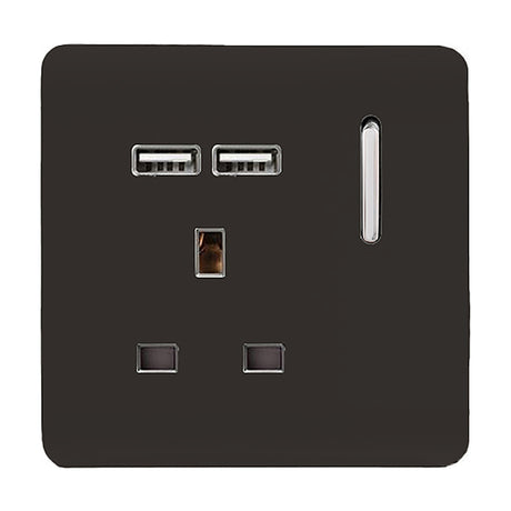 1 Gang 13A USB-A socket in dark brown with screwless flat plate, two chrome-trimmed USB-A ports, rocker switch, and single UK outlet, shown on a plain white background.