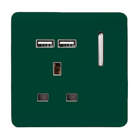 1 gang single 13A switched socket with dark green screwless faceplate, chrome rocker switch, two USB-A charging ports and UK pin holes, shown on a white background.