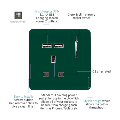 Dark green 1-gang single 13A socket with screwless faceplate, chrome rocker switch, and two USB-A charging ports above the pin holes, shown with labelled features on a white background.