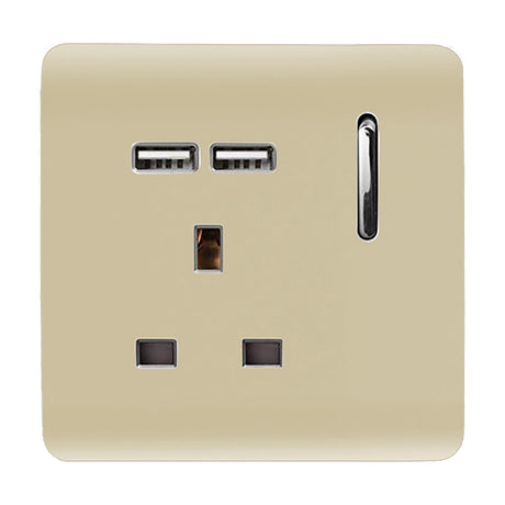 Screwless 1 gang 13A switched socket in champagne gold with chrome rocker switch, two USB-A charging ports, and neon indicator, on a plain white background.