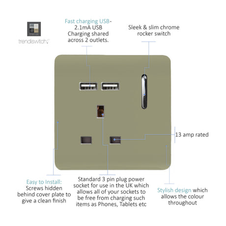 Champagne gold 1 gang 13A switched socket with two USB-A charging ports, chrome rocker switch and insert, screwless flat plate, labelled diagram on white background.
