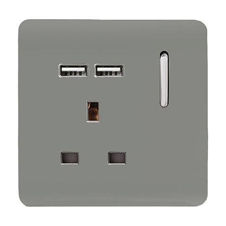 Light grey screwless 1 gang 13A socket with two USB-A charging ports, a chrome rocker switch, and a neon indicator, shown on a plain white background.