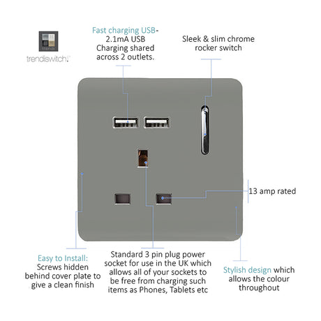 Light grey screwless 1-gang 13A socket with two USB-A charging ports, chrome rocker switch and neon indicator, labelled diagram on white background.